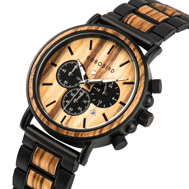 BOBO BIRD Wooden Men Watches Relogio Masculino Top Brand Luxury Stylish Chronograph Military Watch Great Gift for Man OEM